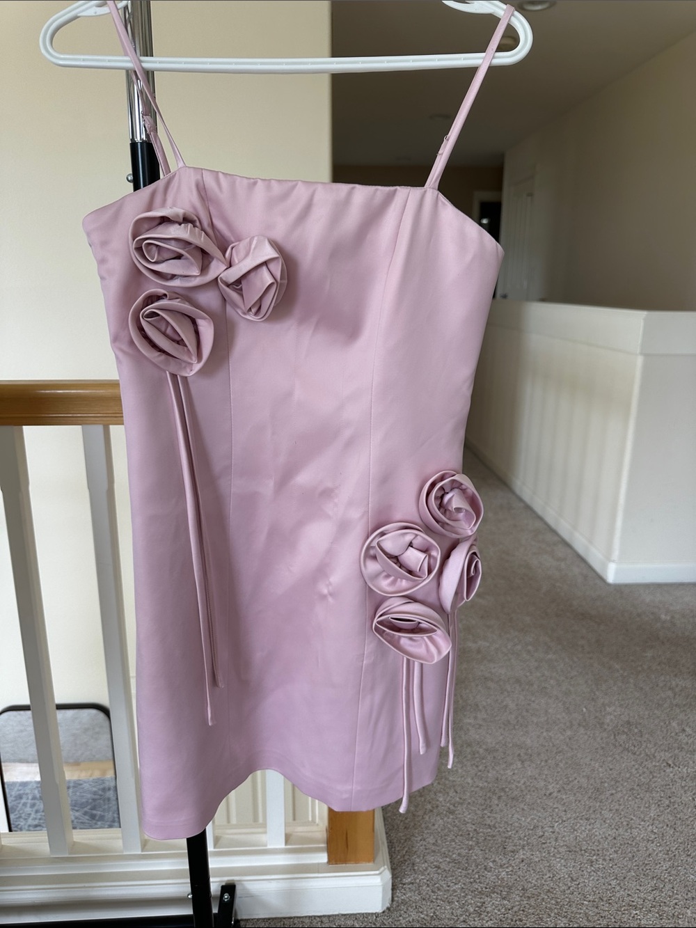 Spaghetti-Strap Pink Satin Mini Dress with Rosette Accents
